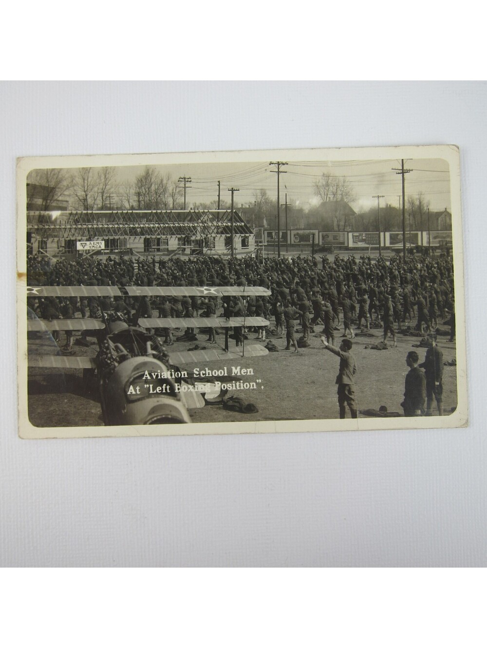 Real Photo Postcard RPPC WWI Triplane Aviation School Men Boxing UNPOSTED RARE